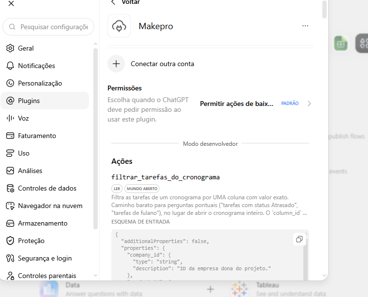 Plugin Makepro nas configurações do ChatGPT, com permissões e Conectar outra conta