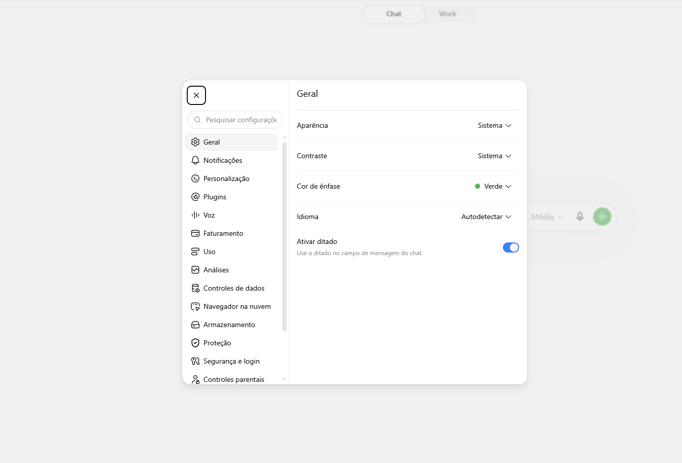Configurações do ChatGPT, com Plugins e Segurança e login no menu