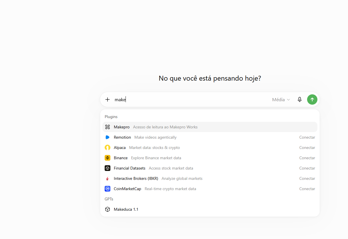 Caixa de mensagem do ChatGPT com o plugin Makepro na lista para conectar