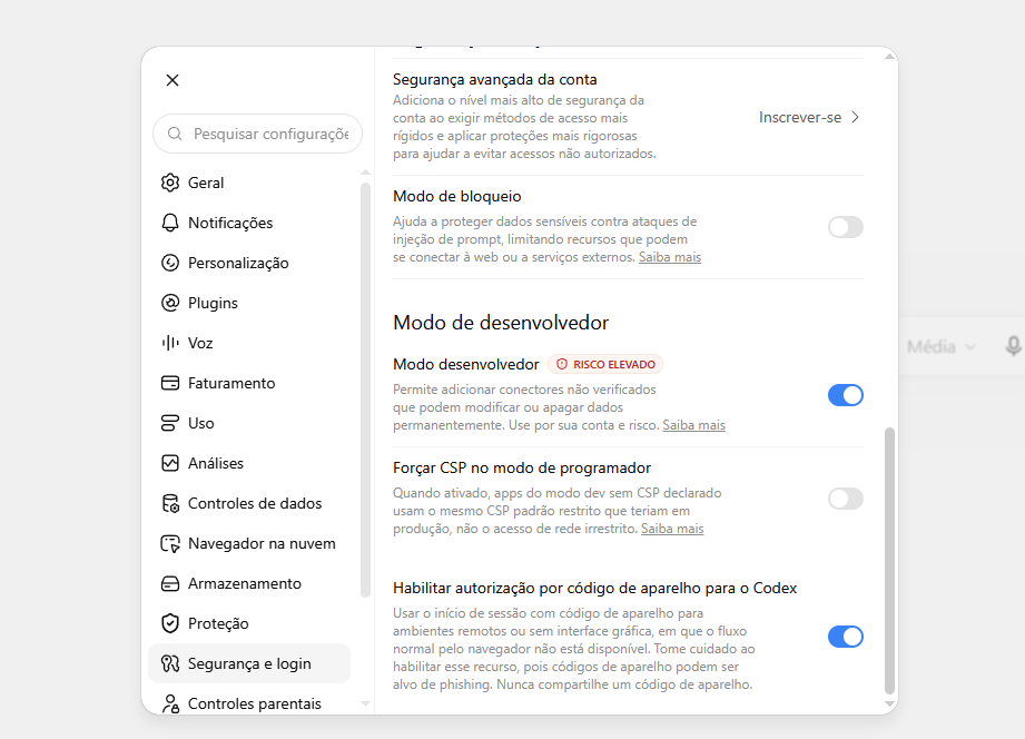 Configurações do ChatGPT em Segurança e login, com o modo desenvolvedor ligado