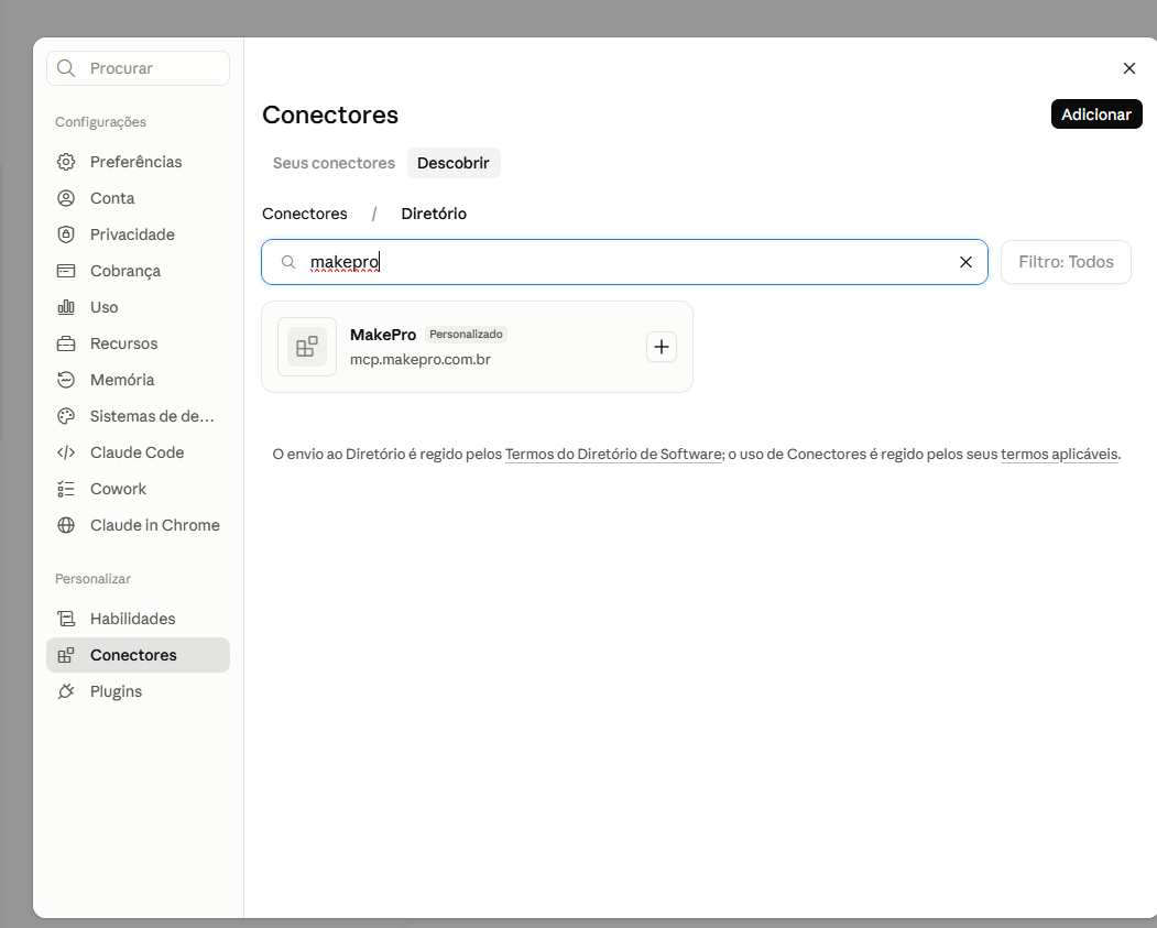 Diretório de conectores do Claude, com o MakePro pronto para adicionar