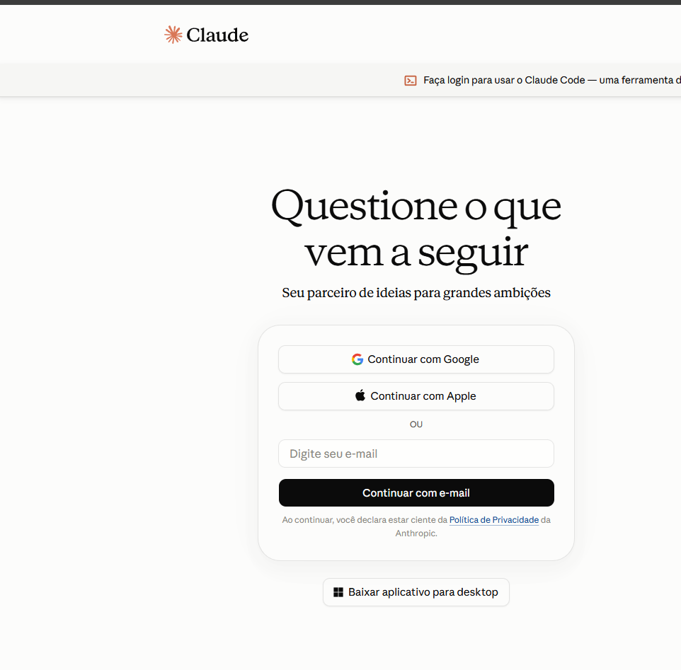 Tela de login do Claude no navegador
