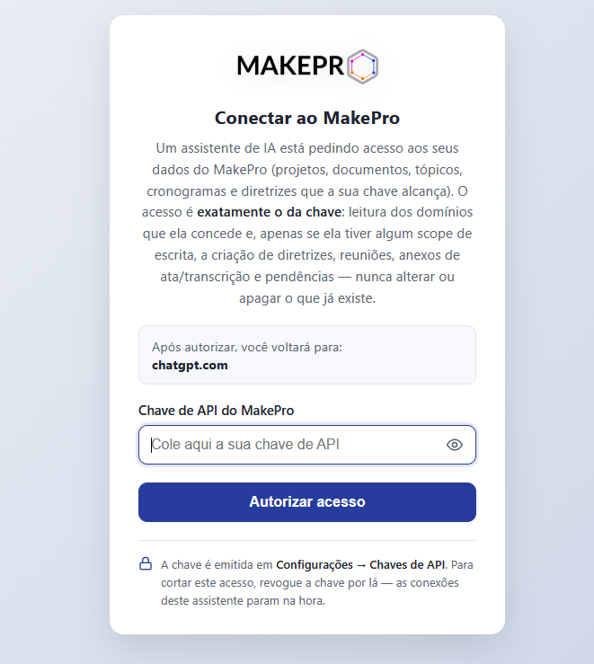 Página do MakePro para colar a chave e autorizar o acesso do ChatGPT