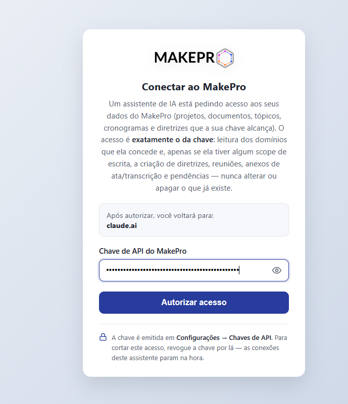 Página do MakePro para colar a chave e autorizar o acesso do Claude