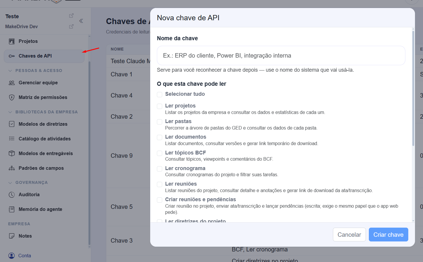 Tela Chaves de API do MakePro, com o modal Nova chave de API aberto